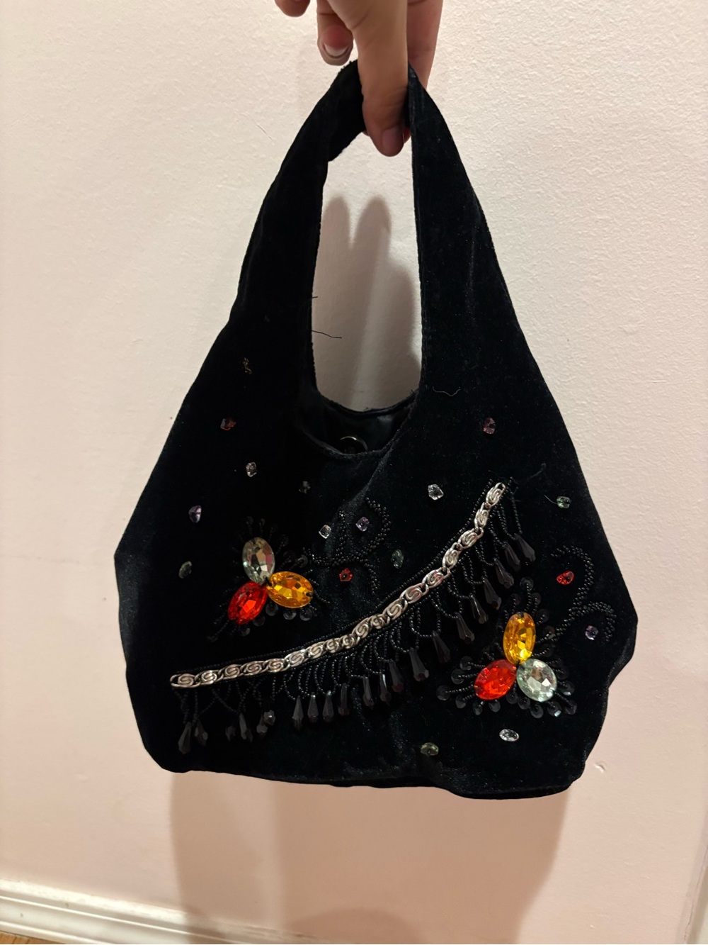 Black Velvet Mini Tote with Multicolor Crystal Embellishments